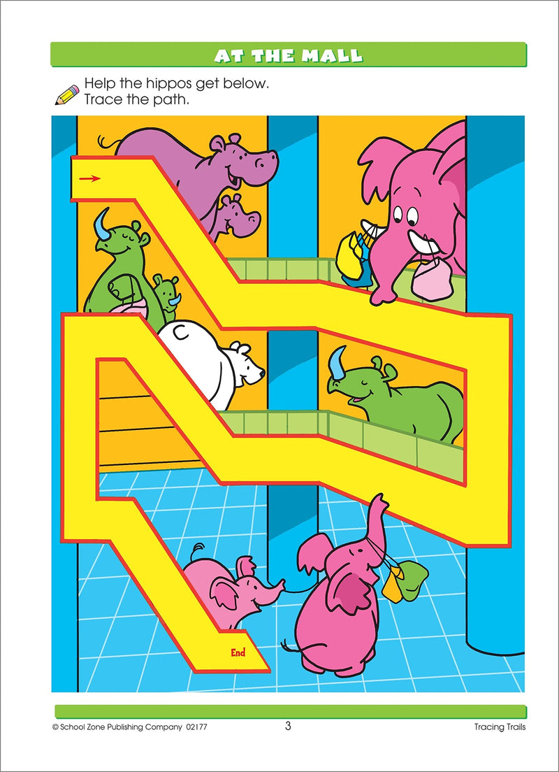 School Zone  Tracing Trails Workbook  32 Pages, Ages 3 To 5, Preschool, Prewriting, Intro To Shapes, Alphabet, Numbers, And M,Used