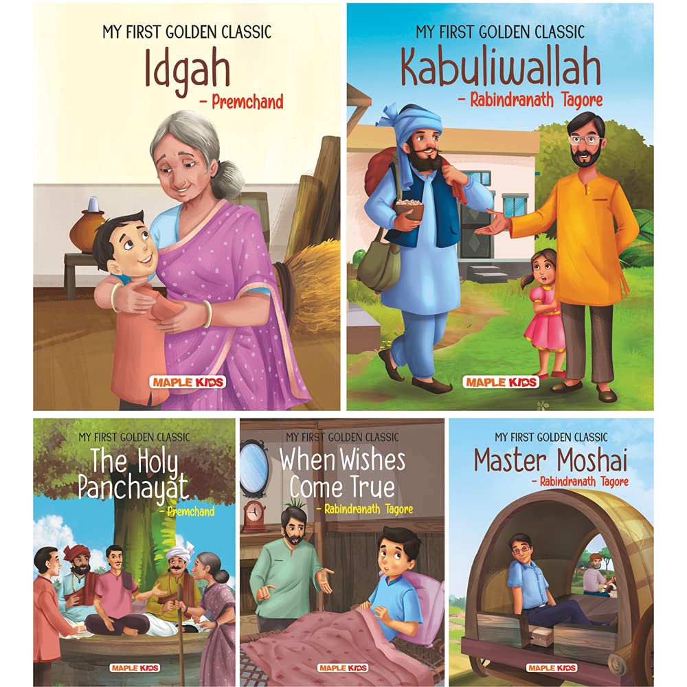 Premchand And Rabindranath Tagore Stories (Illustrated) (Set Of 5 Books) - For Children - Idgah, Kabuliwallah, The Holy Panchayat, When Wishes Come True, Master Moshai