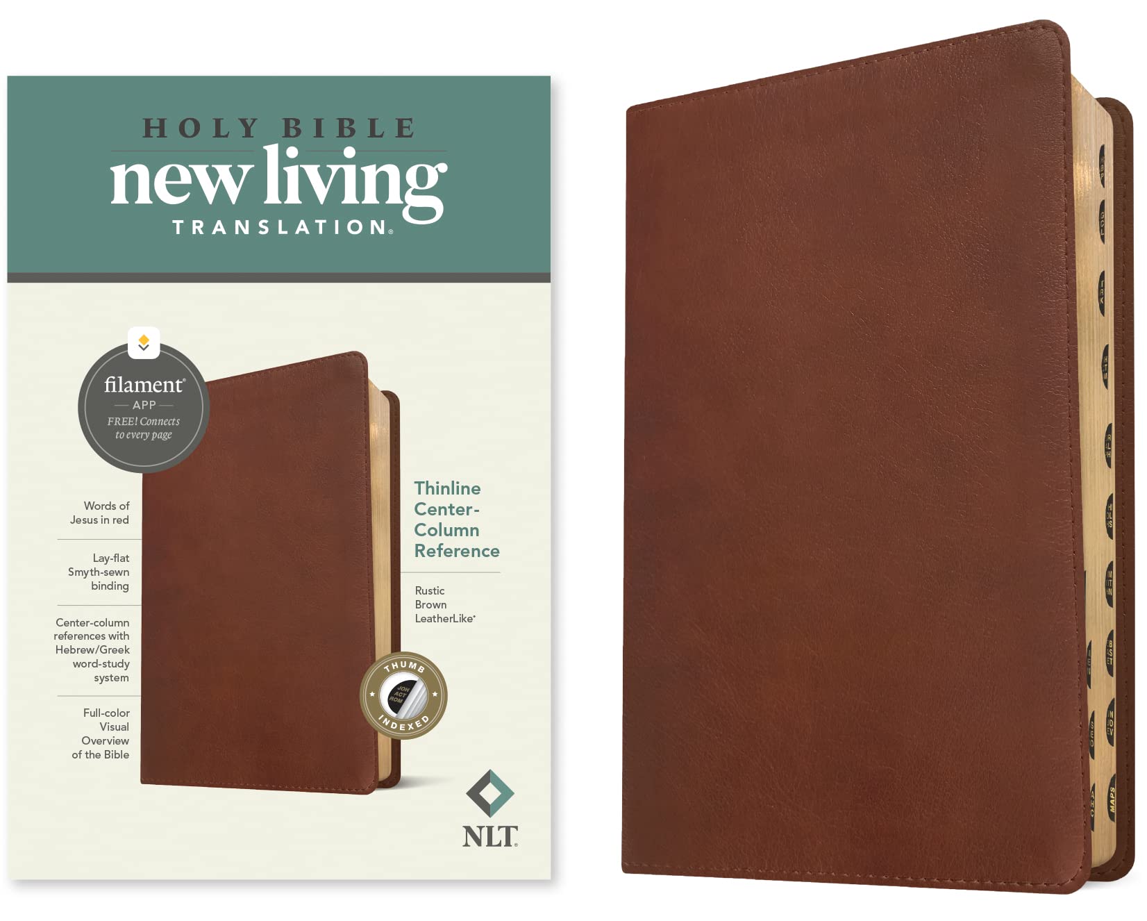 NLT Thinline CenterColumn Reference Bible, FilamentEnabled Edition (LeatherLike, Rustic Brown, Indexed, Red Letter),New