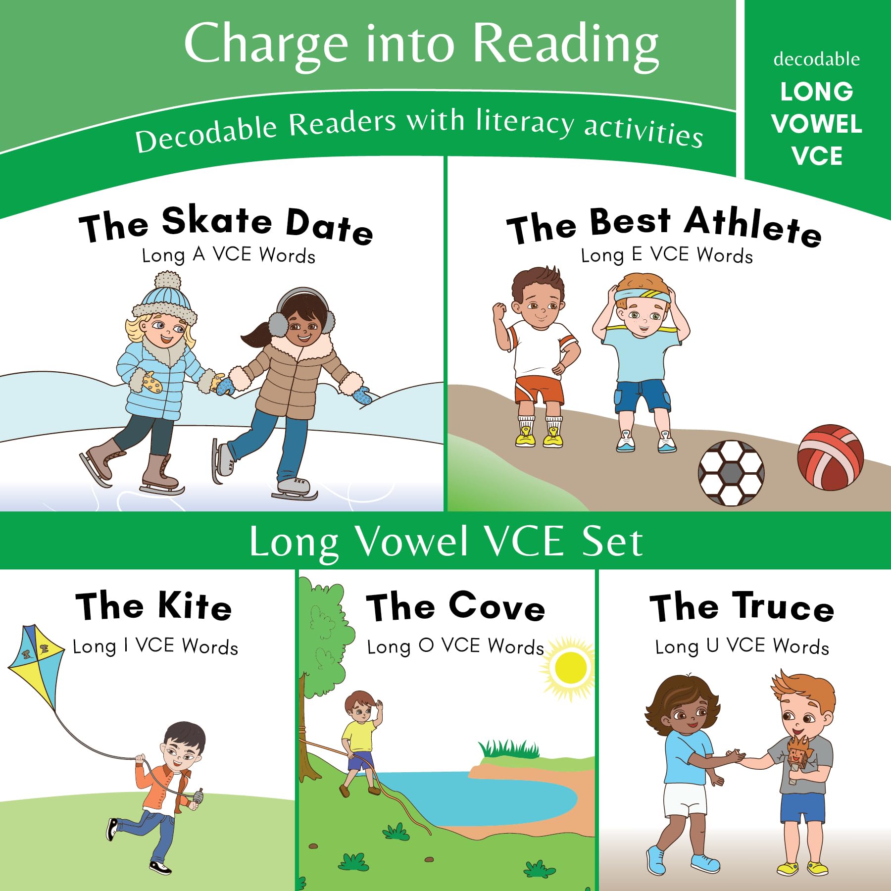 Charge Into Reading Decodable Books (Stage 4): 5 Long Vowel Vce Decodable Readers To Help Kindergarten And First Grade Beginning
