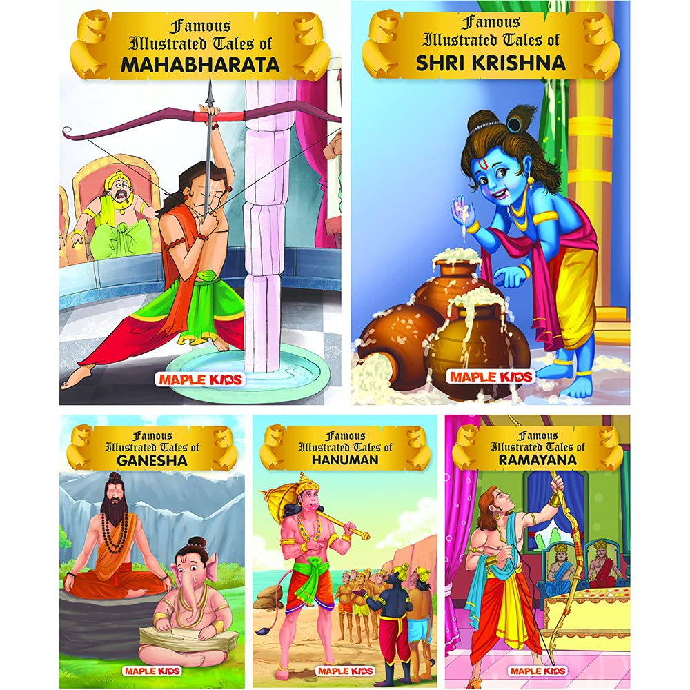 Famous Mythology Tales (Illustrated) For Kids - Krishna, Ramayana, Ganesha, Hanuman, Mahabharata (Set Of 5 Books)