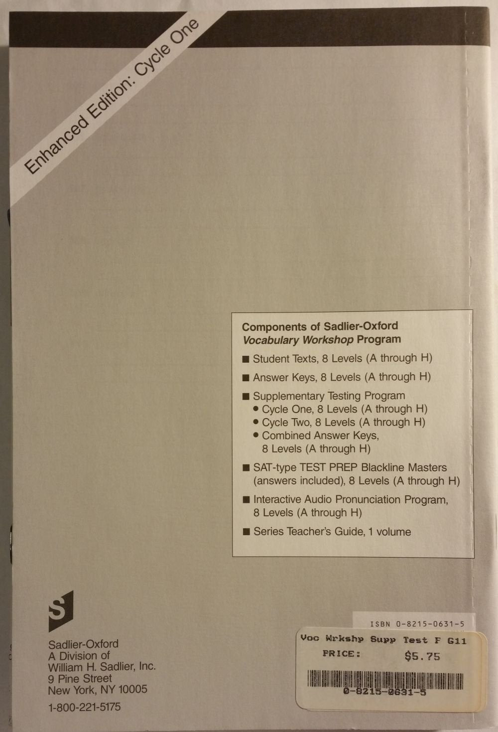 Vocabulary Workshop: Level F, Supplementary Testing Program: Cycle 1, Enhanced Edition,Used