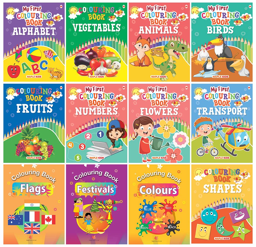 Colouring Books For Kids (Set Of 12 Books) - Alphabet, Vegetables, Animals, Fruits, Numbers, Birds, Flowers, Transport, Flags, Festivals, Colours, Shapes - 3 - 6 Years Old - Colouring Activity Book