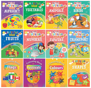 Colouring Books For Kids (Set Of 12 Books) - Alphabet, Vegetables, Animals, Fruits, Numbers, Birds, Flowers, Transport, Flags, Festivals, Colours, Shapes - 3 - 6 Years Old - Colouring Activity Book