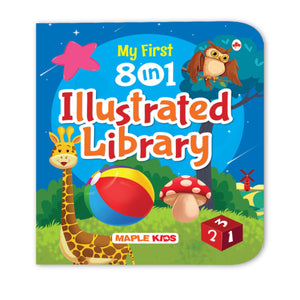 My First 8 In 1 Illustrated Library Board Book - Alphabet, Numbers, Animals, Birds, Colours, Shapes, Fruits, Vegetables - Board Book For Kids - Age 0 - 2 Years