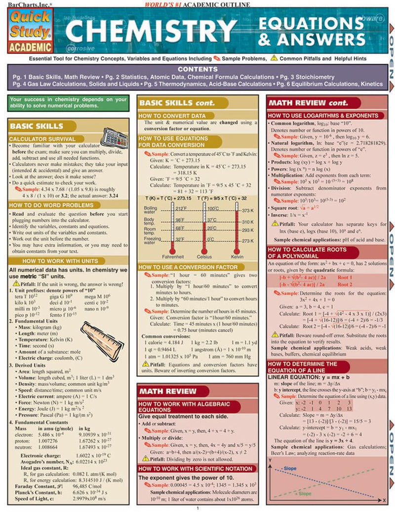 Chemistry Equations & Answers: A Quickstudy Laminated Reference Guide (Quickstudy Academic)