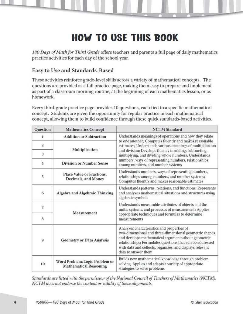 Shell Education 180 Days of Math for Third Grade (180 Days of Practice),Used