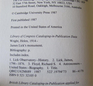 James Lick's Monument: The Saga of Captain Richard Floyd and the Building of the Lick Observatory,Used