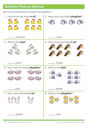 School Zone  Word Problems Workbook  64 Pages, Ages 6 To 8, 1St Grade, 2Nd Grade, Math, Picture Stories, Graphs, Calendars And,Used
