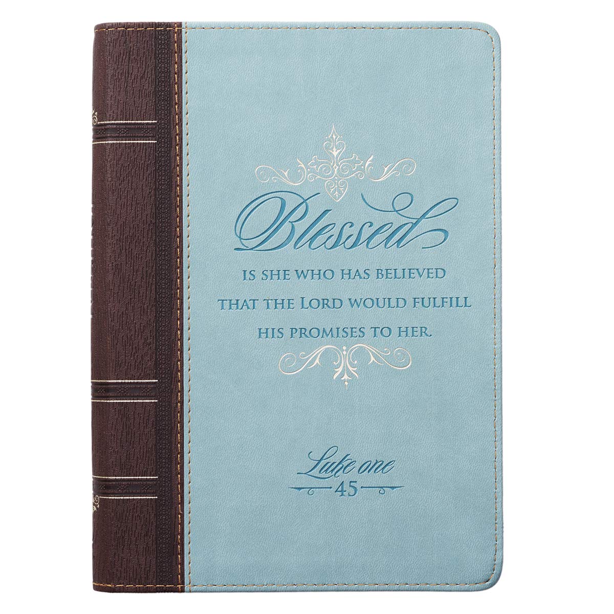 Classic Faux Leather Journal Blessed Is She Luke 1:45 Bible Verse Blue Inspirational Notebook, Lined Pages W/Scripture, Ribbon M