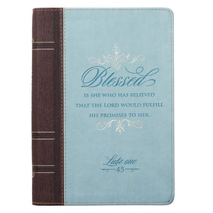 Classic Faux Leather Journal Blessed Is She Luke 1:45 Bible Verse Blue Inspirational Notebook, Lined Pages W/Scripture, Ribbon M