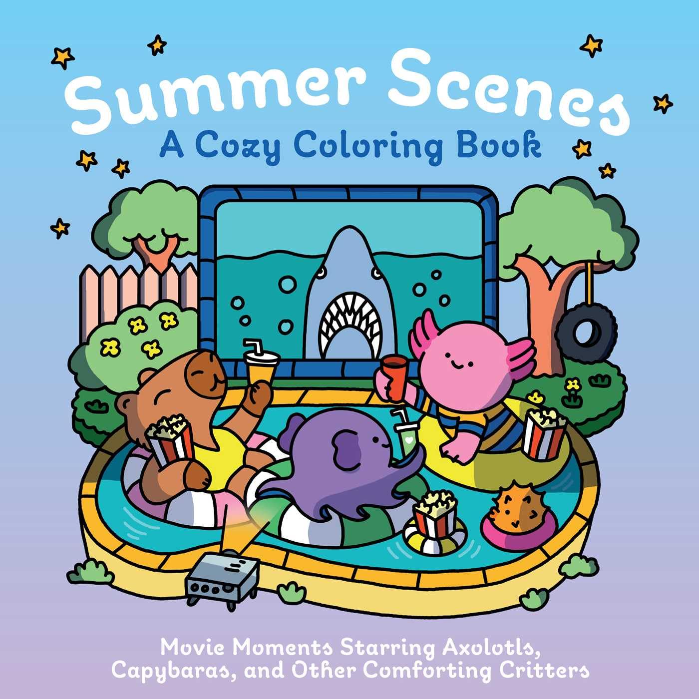 Summer Scenes: A Cozy Coloring Book: Movie Moments Starring Axolotls, Capybaras, And Other Comforting Critters