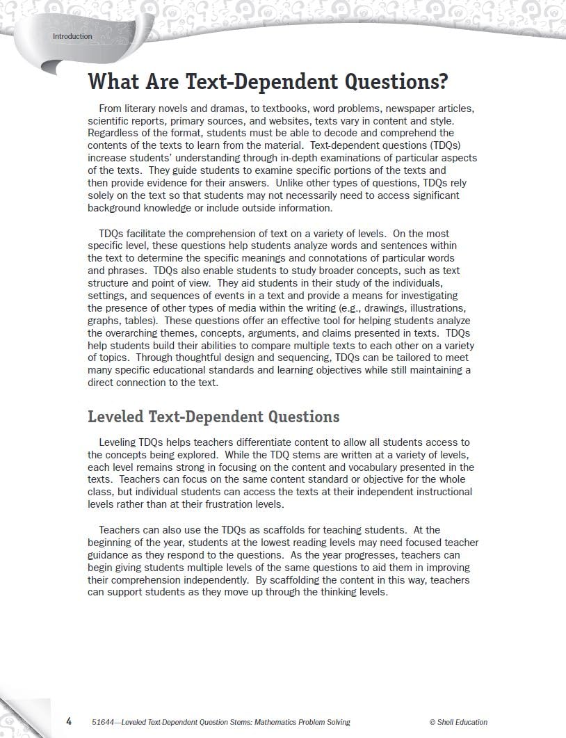 Leveled TextDependent Question Stems: Mathematics Problem Solving,Used
