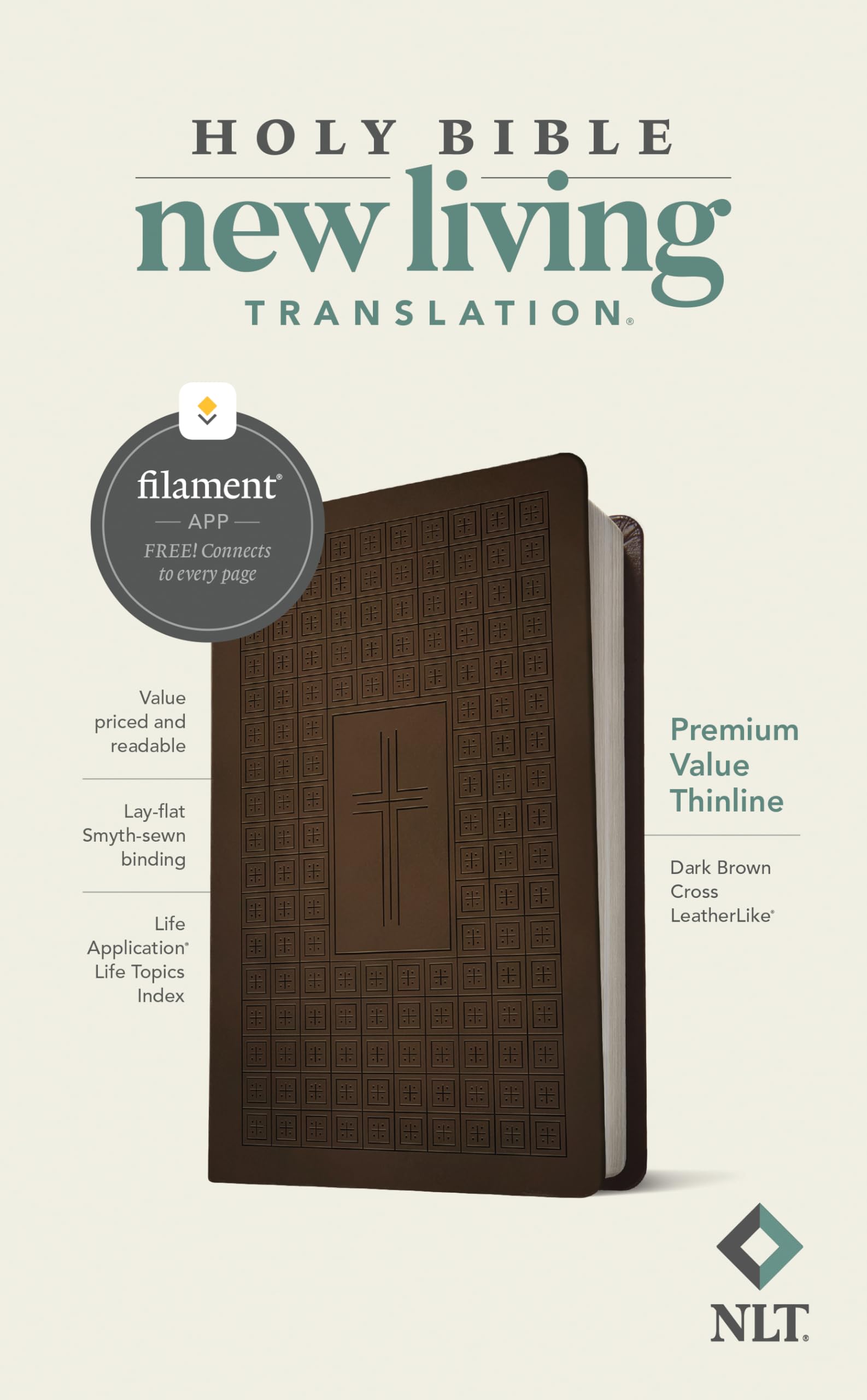 Nlt Premium Value Thinline Bible, Filament Enabled (Leatherlike, Dark Brown Cross)