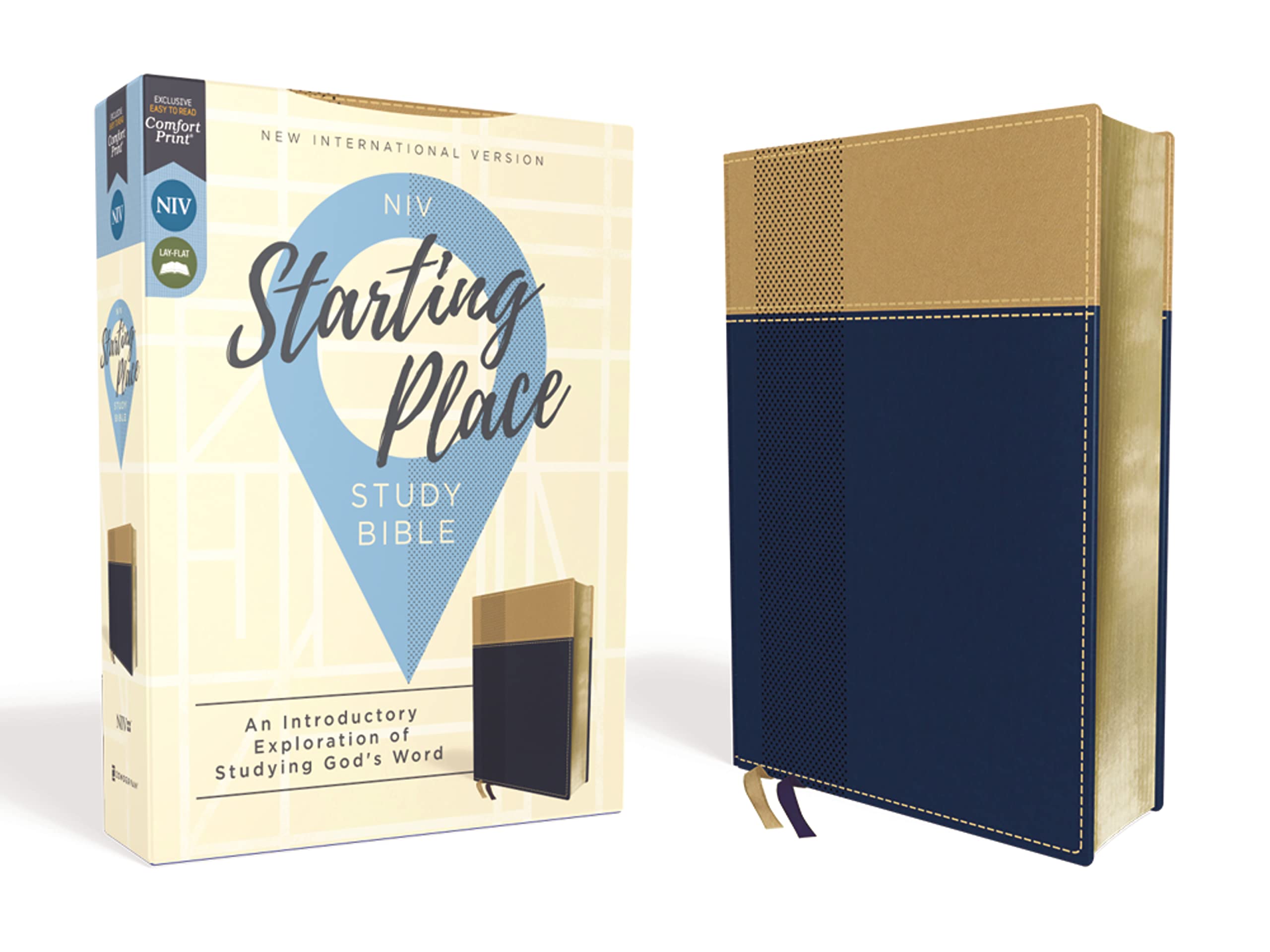 NIV, Starting Place Study Bible (An Introductory Study Bible), Leathersoft, Navy/Tan, Comfort Print: An Introductory Exploration,Used