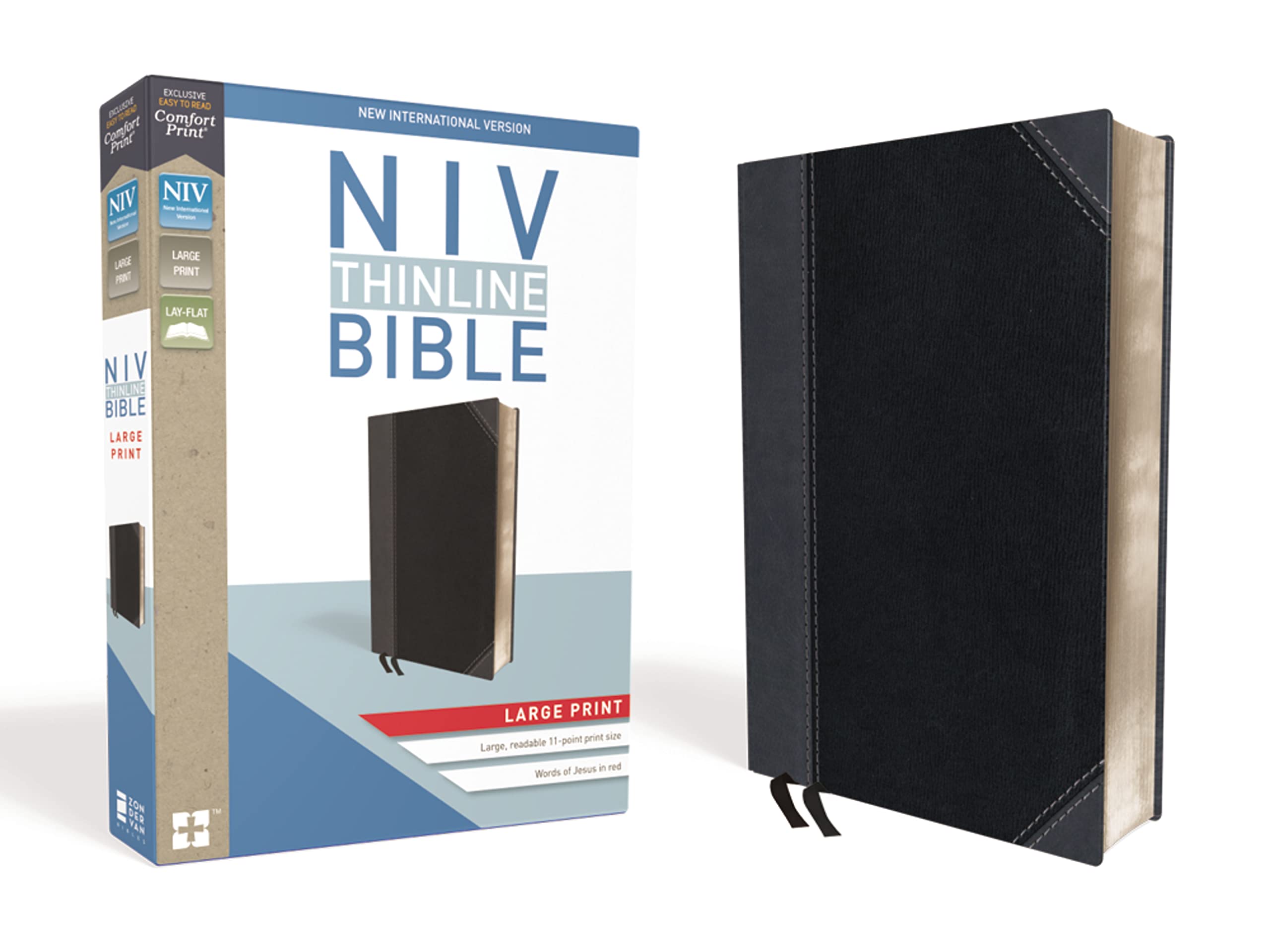 NIV, Thinline Bible, Large Print, Leathersoft, Black/Gray, Red Letter, Comfort Print,Used