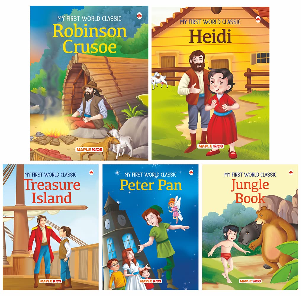 World Classics (Abridged) - Peter Pan, Treasure Island, Heidi, Jungle Book, Robinson Crusoe - (Illustrated) (Set Of 5 Books) - Story Books For Kids - Read Aloud To Infants, Toddlers