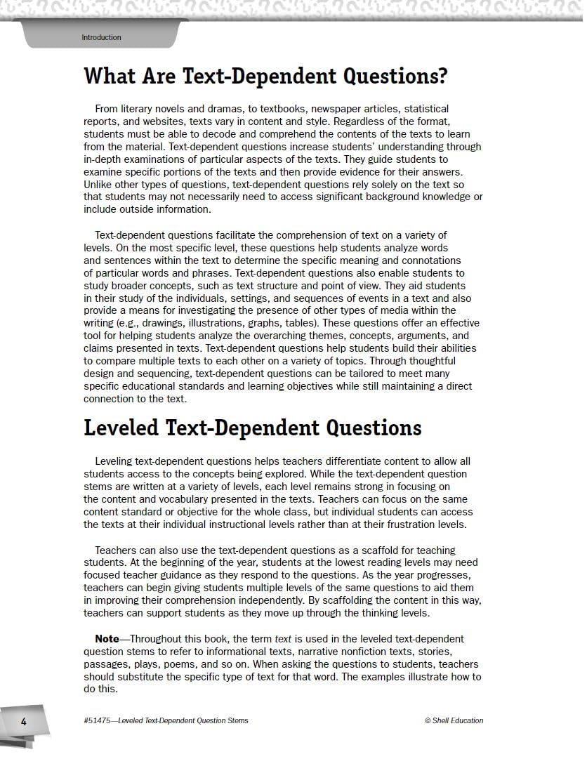 Leveled Text  Dependent Question Stems (Classroom Resources) for Grades K  12,Used