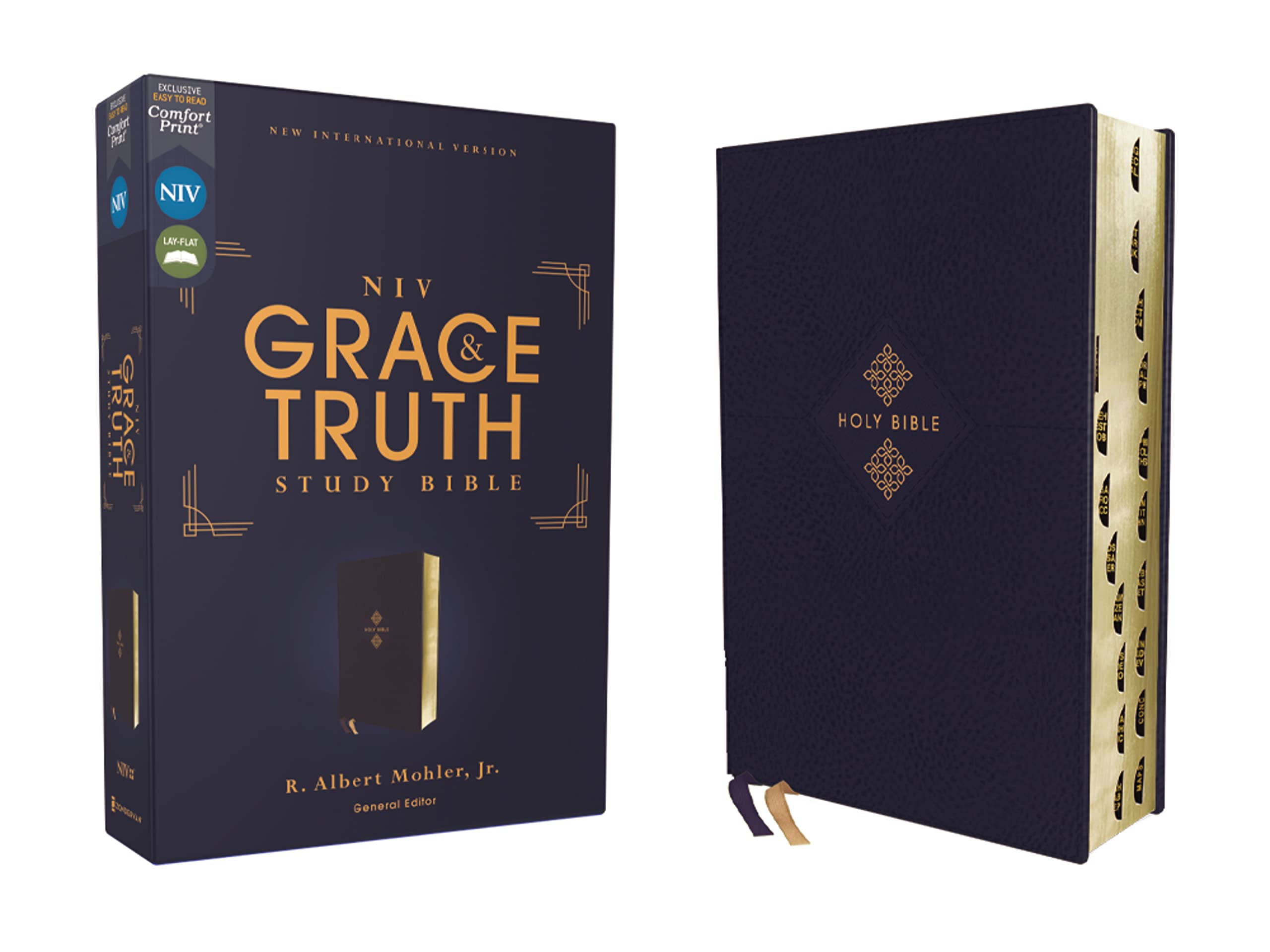 NIV, The Grace and Truth Study Bible (Trustworthy and Practical Insights), Leathersoft, Navy, Red Letter, Thumb Indexed, Comfort,Used