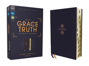 NIV, The Grace and Truth Study Bible (Trustworthy and Practical Insights), Leathersoft, Navy, Red Letter, Thumb Indexed, Comfort,Used