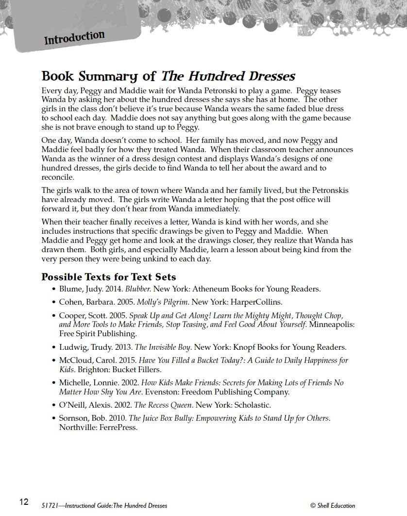 The Hundred Dresses: An Instructional Guide for Literature  Novel Study Guide for Elementary School Literature with Close Readi,Used
