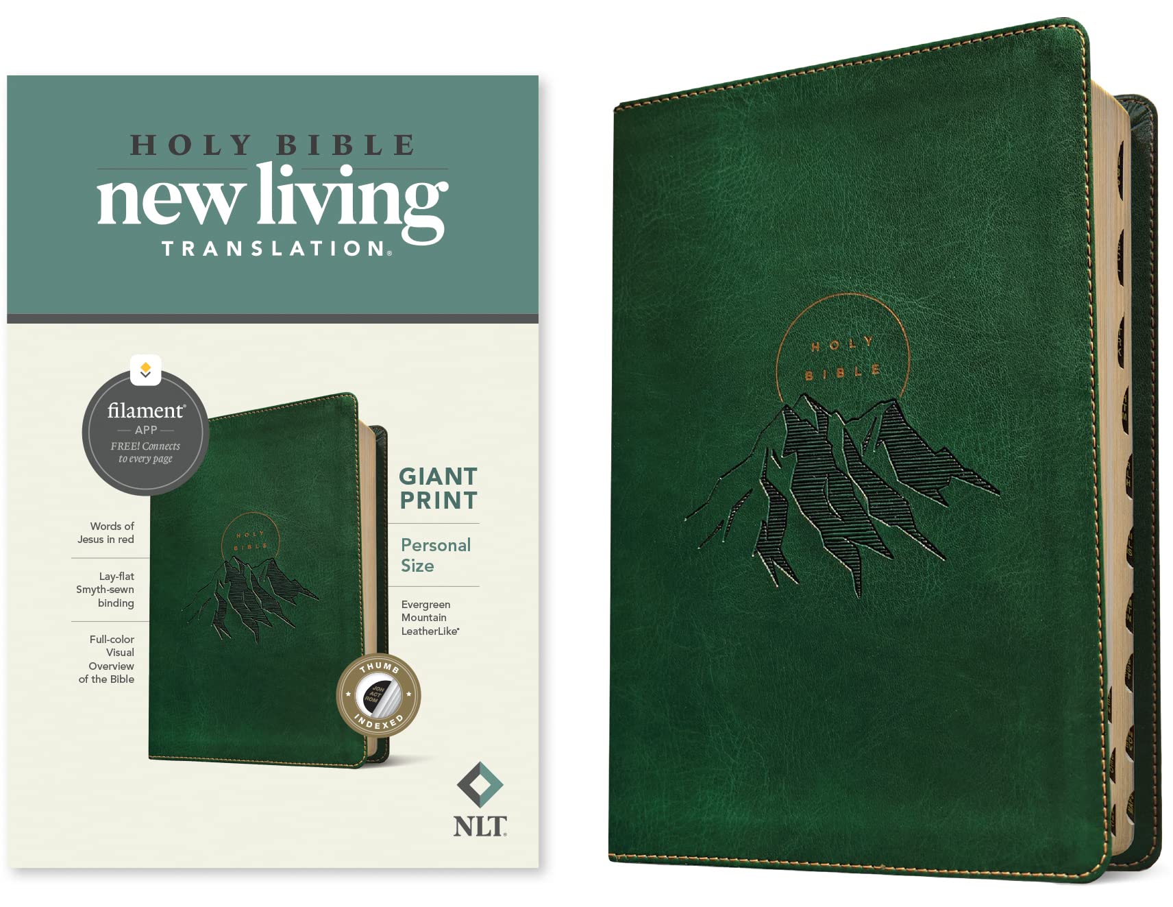 NLT Personal Size Giant Print Bible, Filament Enabled (LeatherLike, Evergreen Mountain , Indexed, Red Letter),Used