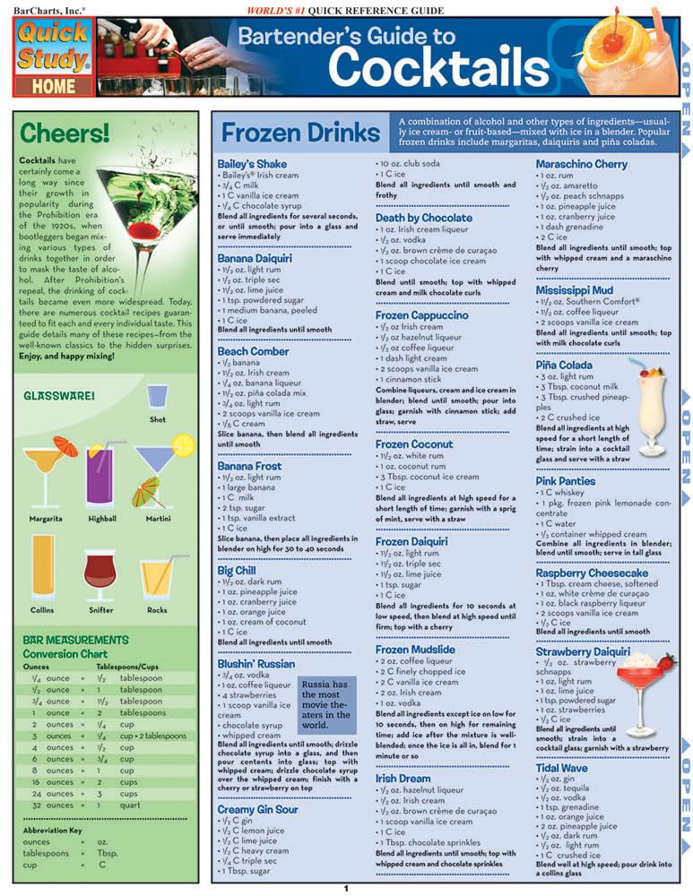 Bartender'S Guide To Cocktails: a QuickStudy Laminated Reference Guide (QuickStudy Home),Used