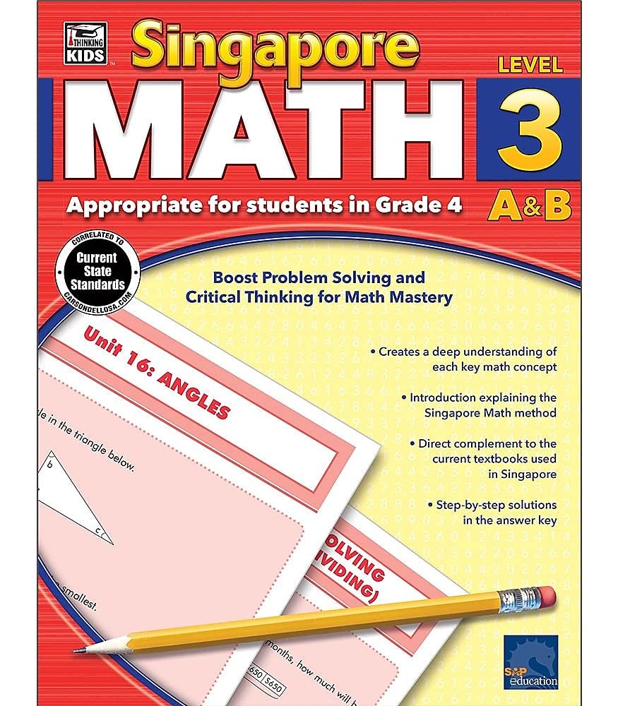 Singapore Math Grade 4 Workbook4th Grade Addition, Subtraction, Multiplication, Division, Bar Graphs, Fractions, Length, Mass, ,Used