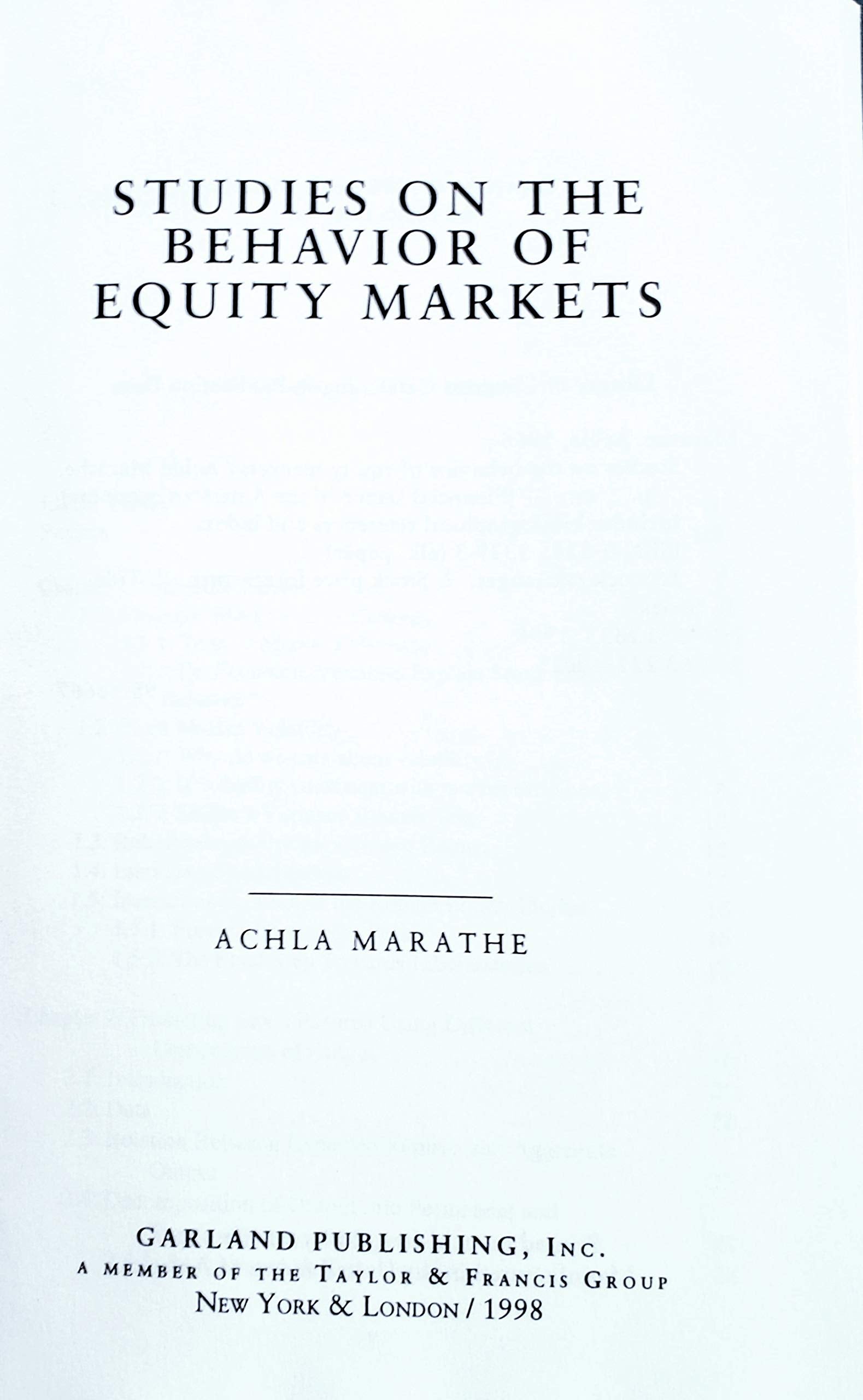 Studies On The Behavior Of Equity Markets (Financial Sector Of The American Economy),Used