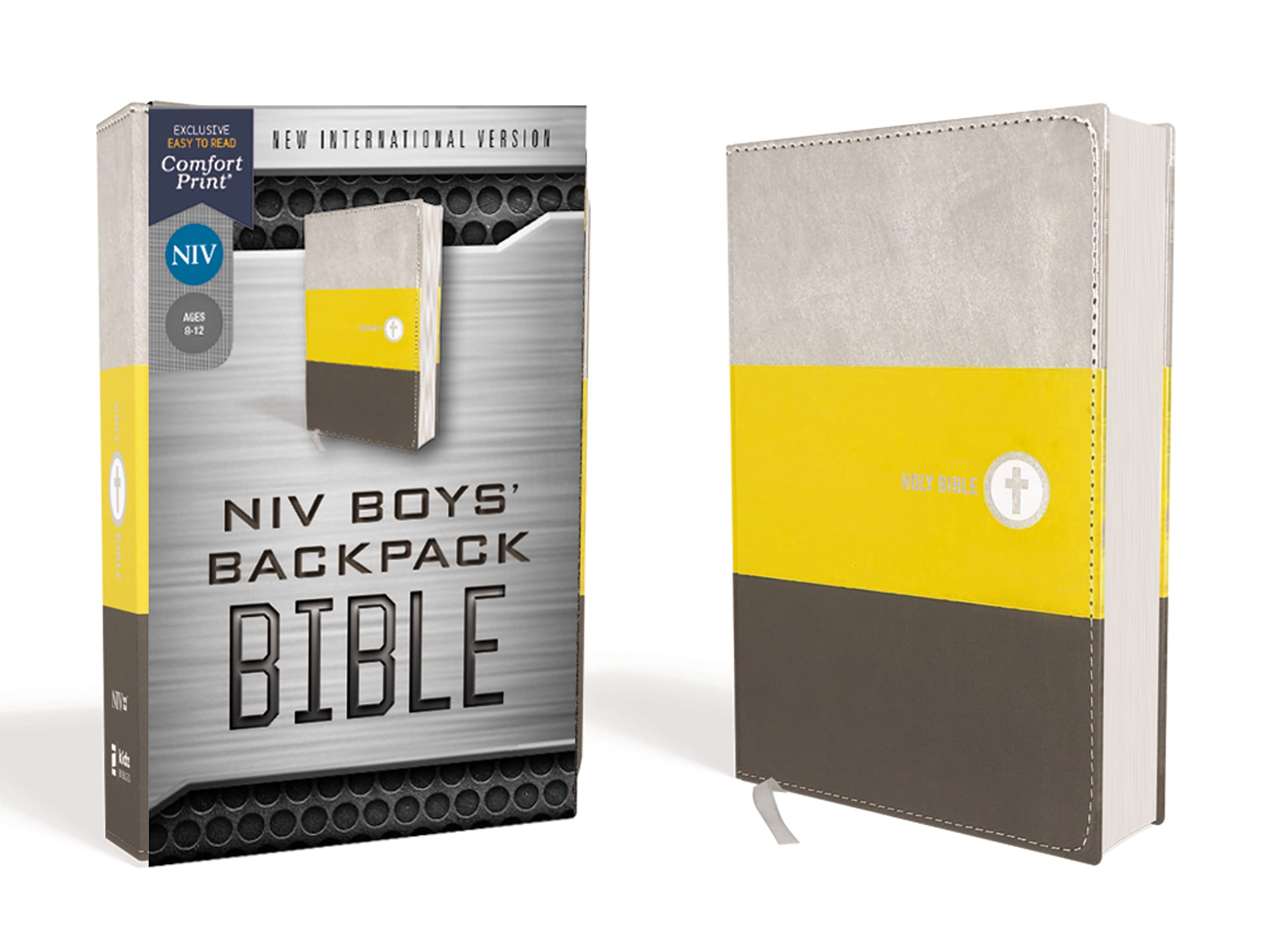 NIV, Boys' Backpack Bible, Compact, Leathersoft, Yellow/Gray, Red Letter, Comfort Print,Used
