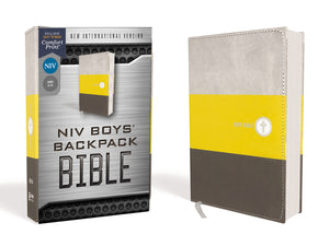 NIV, Boys' Backpack Bible, Compact, Leathersoft, Yellow/Gray, Red Letter, Comfort Print,Used