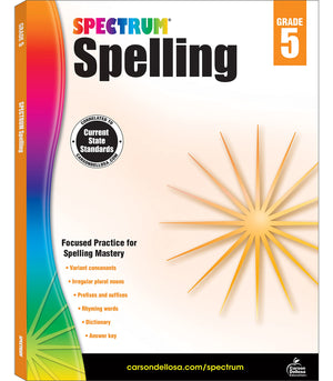 Spectrum Grade 5 Spelling Workbook, Rhyming Words, Dictionary Skills, Prefixes, Suffixes, Vocabulary, Grammar, and More, Languag,New