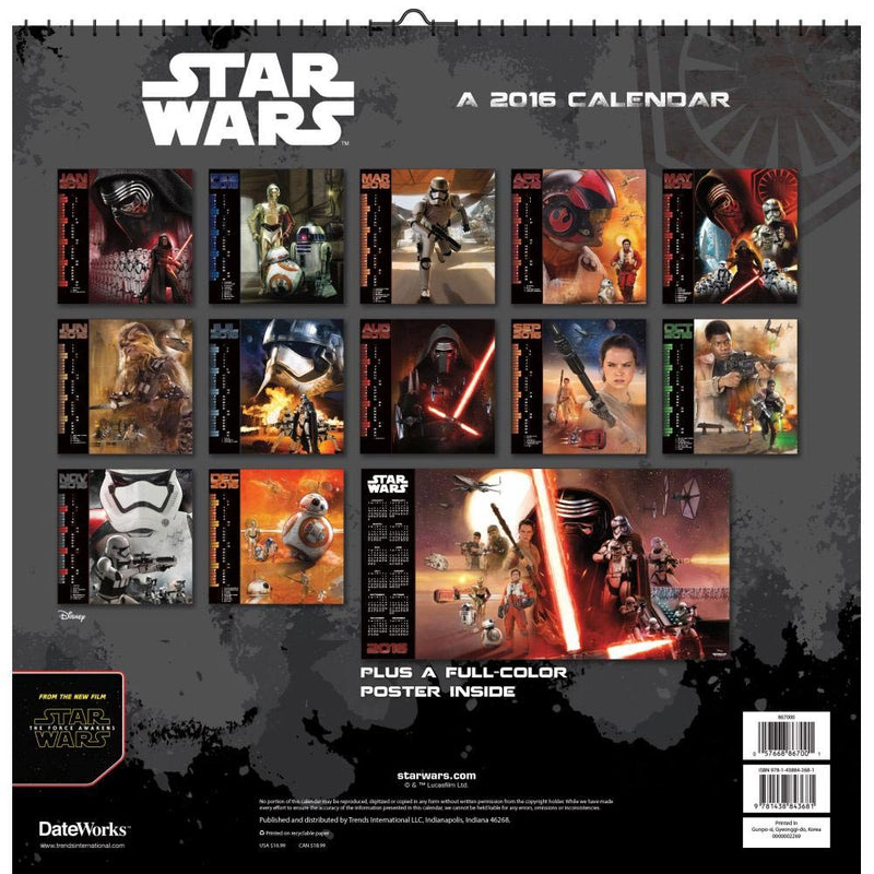 Star Wars Episode VII 2016 Deluxe Wall Calendar,Used