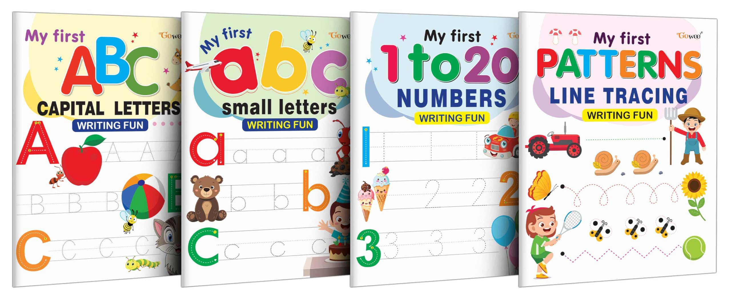 My First Capital Letters Abc, Small Letters Abc, Numbers 1-20 And Line Tracing Patterns Writing Fun : Kids Writing Book, Educational Leaning Book, Writing Practice Set | Combo Of 4 Writing Books