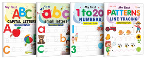My First Capital Letters Abc, Small Letters Abc, Numbers 1-20 And Line Tracing Patterns Writing Fun : Kids Writing Book, Educational Leaning Book, Writing Practice Set | Combo Of 4 Writing Books