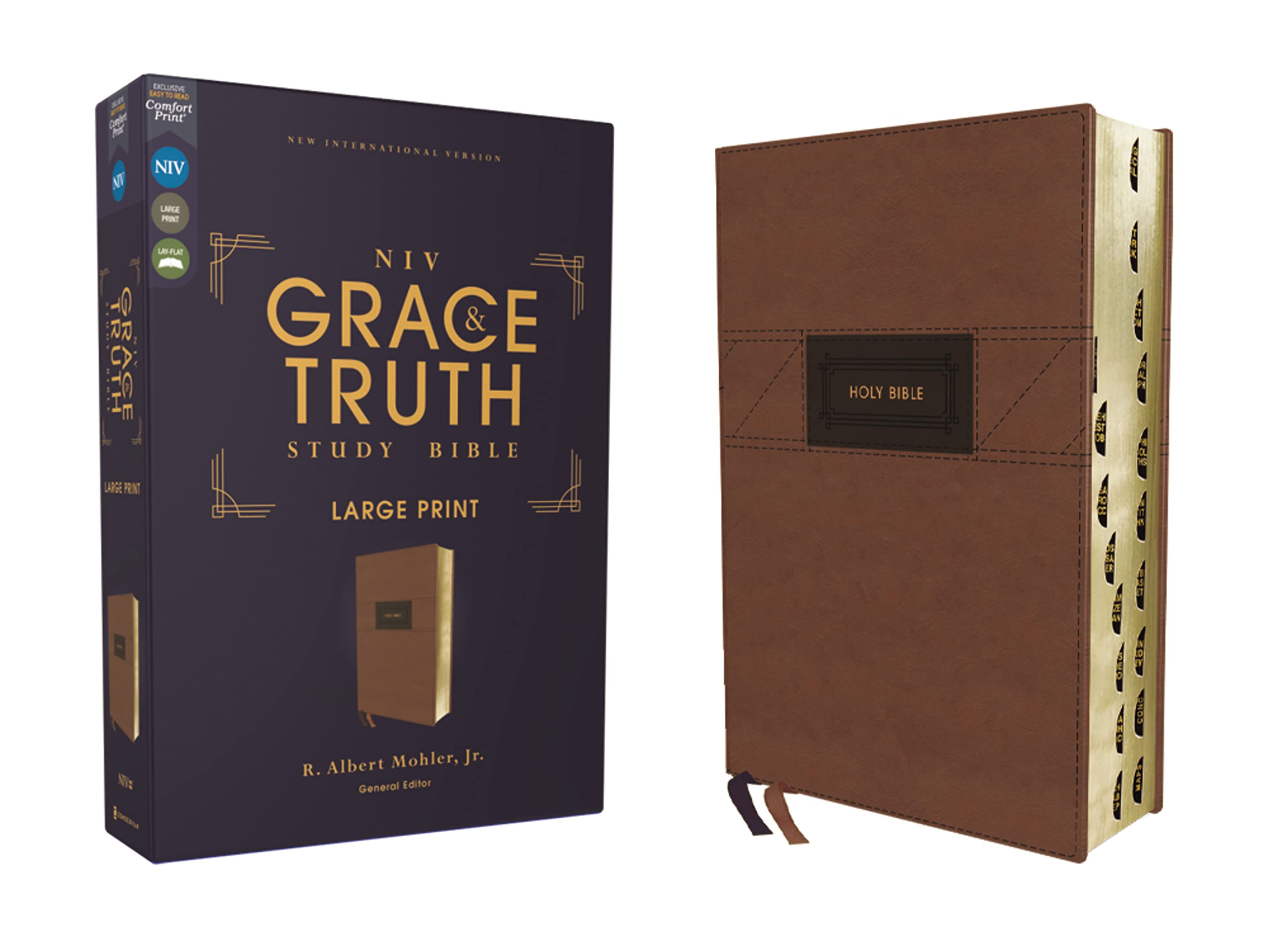 Niv, The Grace And Truth Study Bible (Trustworthy And Practical Insights), Large Print, Leathersoft, Brown, Red Letter, Thumb In