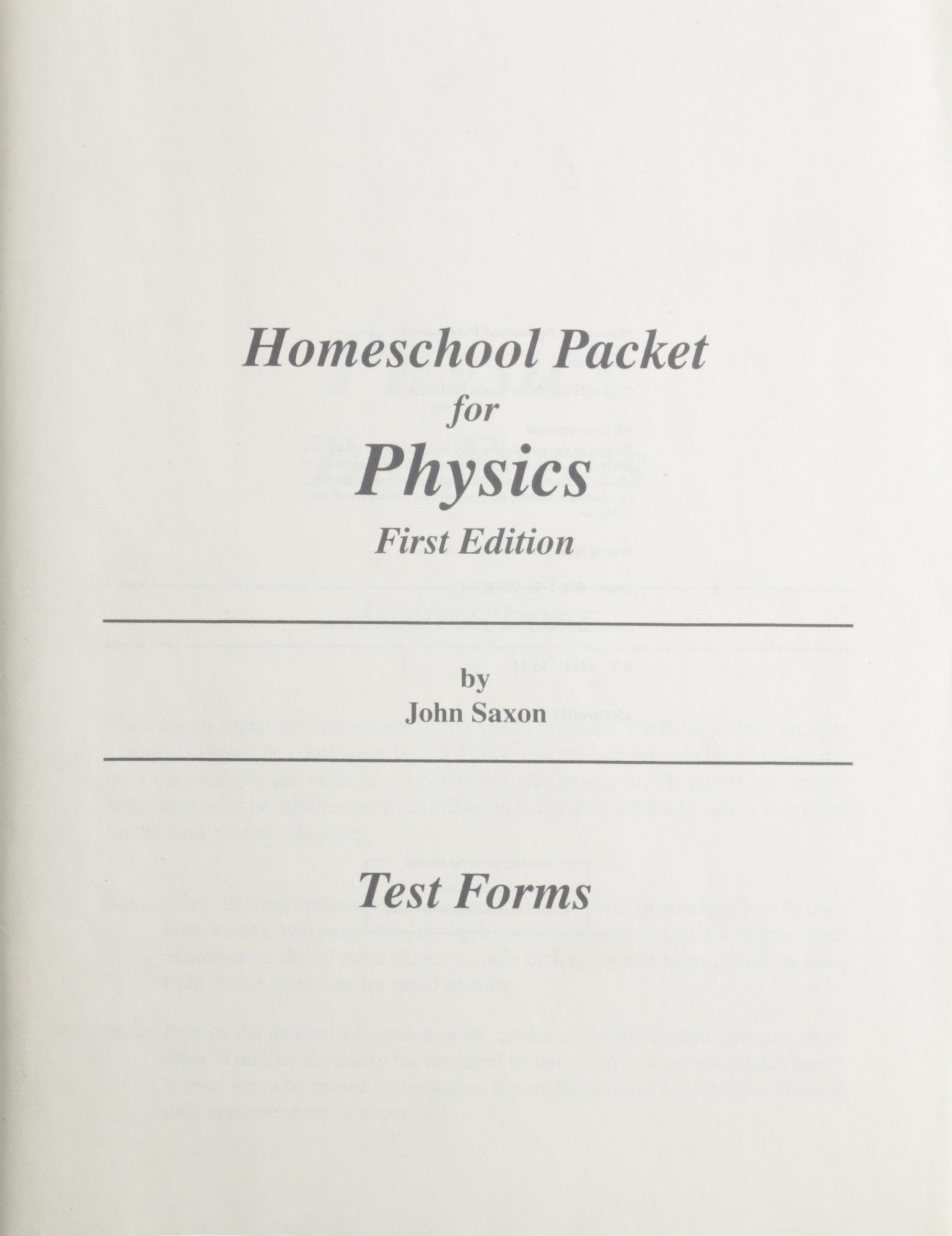 Home Study Packet for Saxon Physics: Test Forms,Used