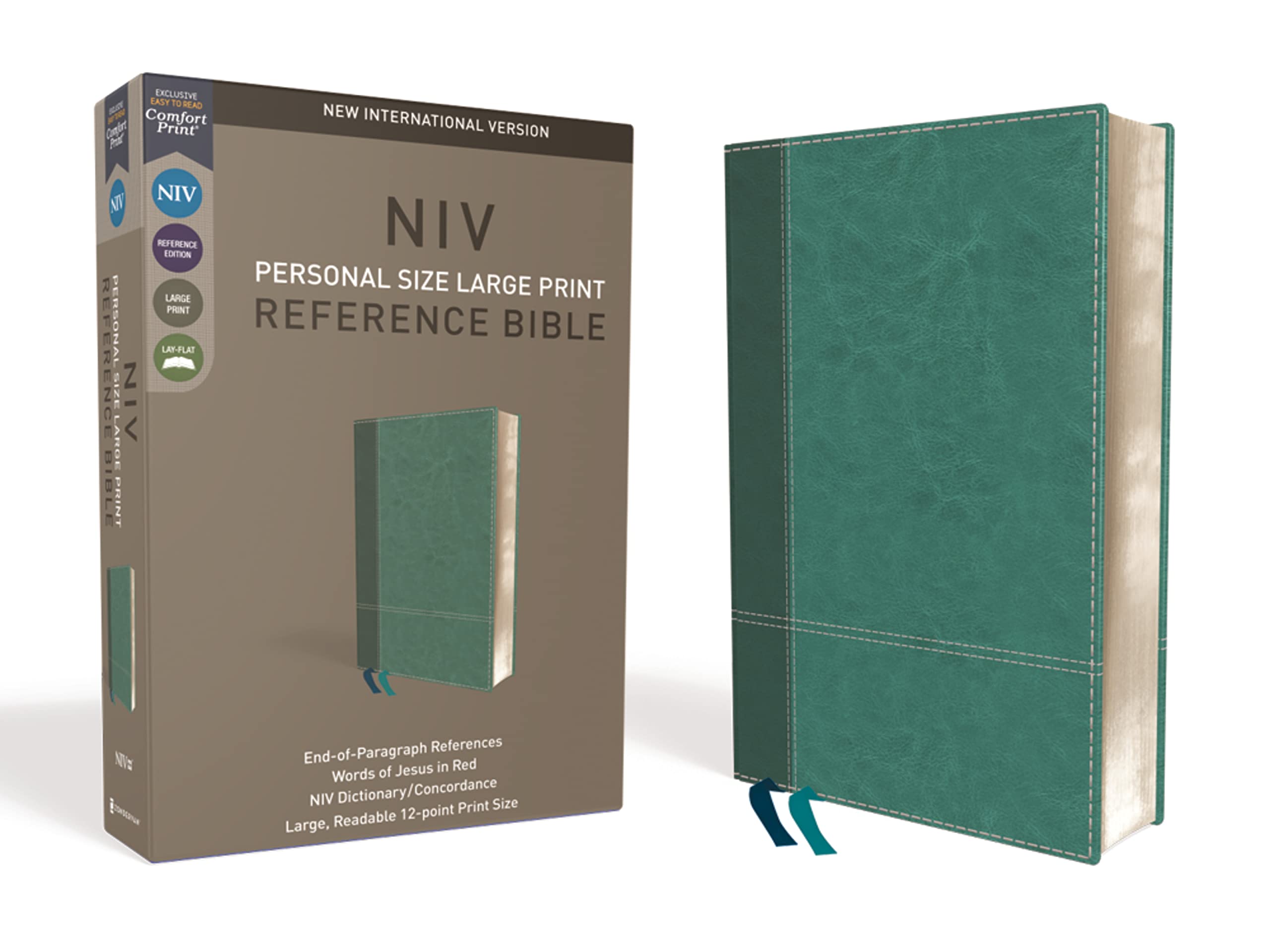 NIV, Personal Size Reference Bible, Large Print, Leathersoft, Teal, Red Letter, Comfort Print,Used