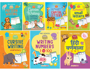 Writing Books For Kids | 2 To 5 Years Old Children | Learn And Practice Abc Capital And Small Alphabet, Cursive Writing, 1 To 100 Numbers, Hindi Varnmala And Pattern Writing | Set Of 7 Books
