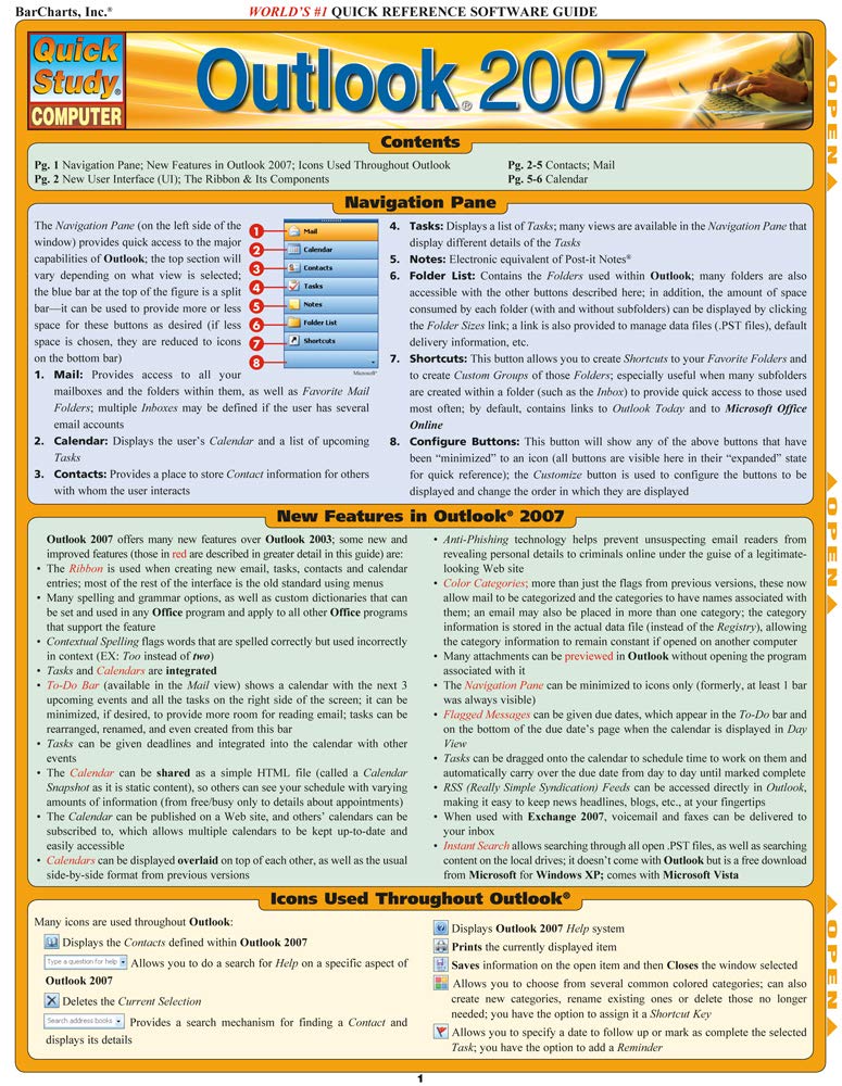 Outlook 2007 (Laminated Reference Guide; Quick Study Computer),Used