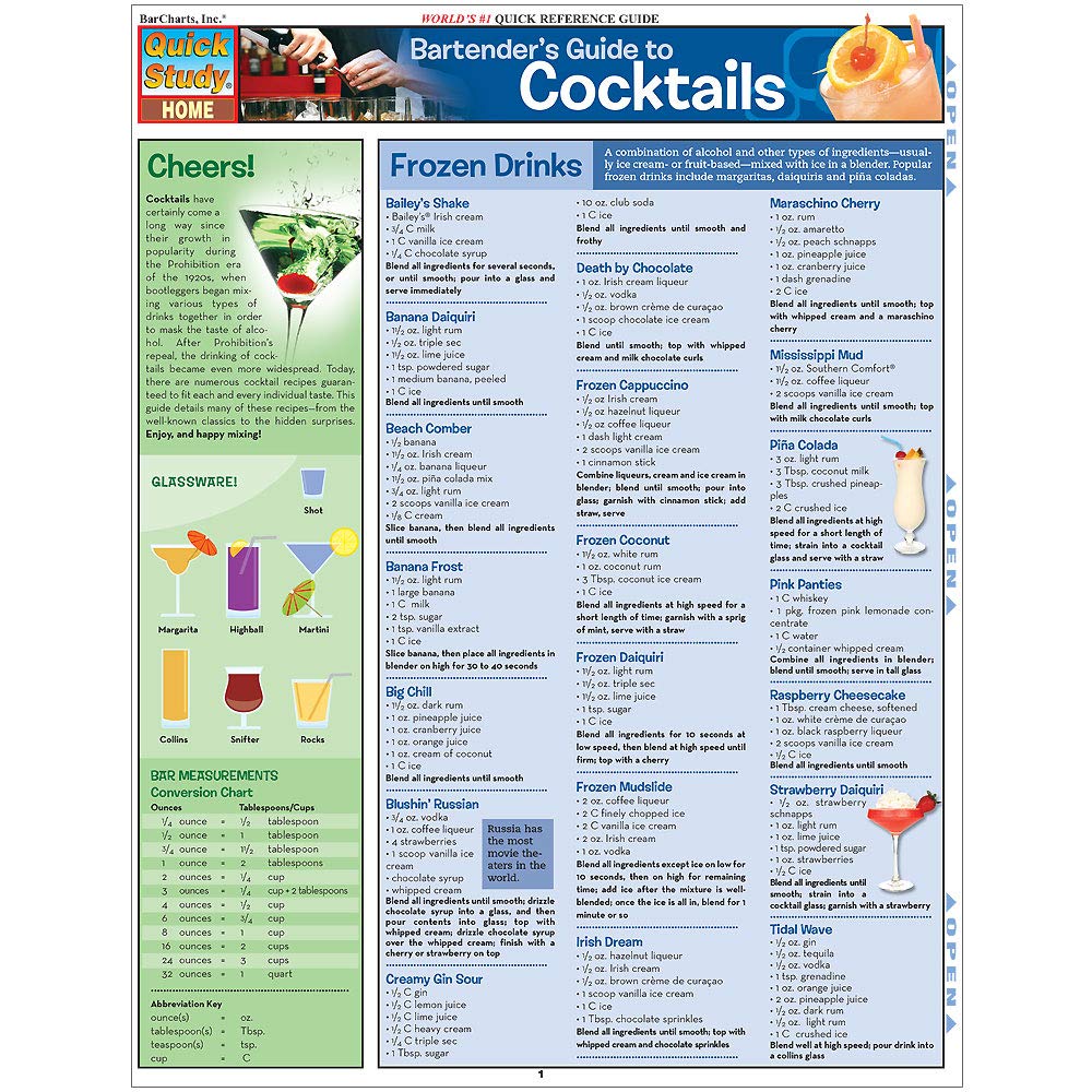 Bartender'S Guide To Cocktails: a QuickStudy Laminated Reference Guide (QuickStudy Home),Used