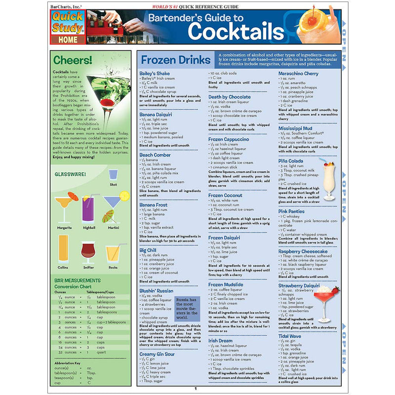 Bartender'S Guide To Cocktails: a QuickStudy Laminated Reference Guide (QuickStudy Home),Used