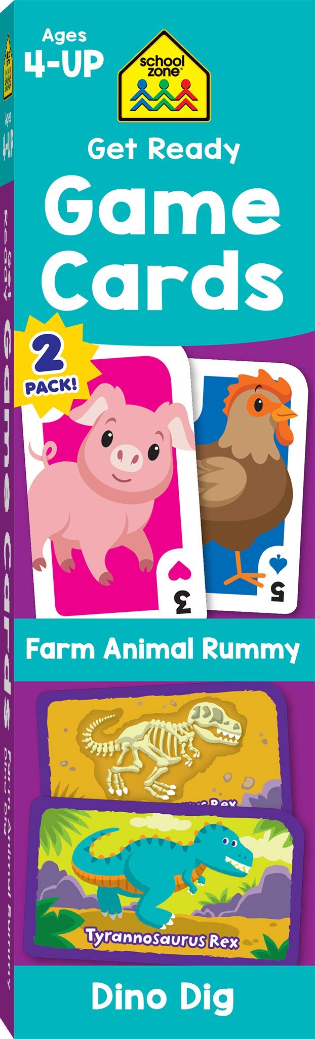 School Zone  Get Ready Game Cards Farm Animal Rummy & Dino Dig 2 Pack  Ages 4 And Up, Numbers, Counting, Spelling, Vocabulary,,New