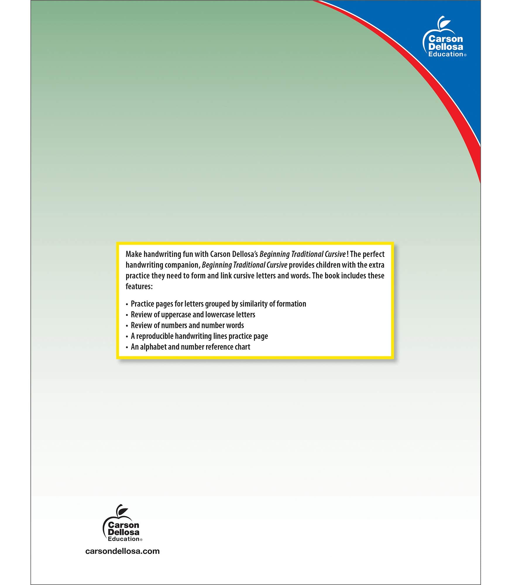 Carson Dellosa Grades 13 Beginning Traditional Cursive Handwriting Workbook, Writing Book With Dry Erase Number And Letter Trac