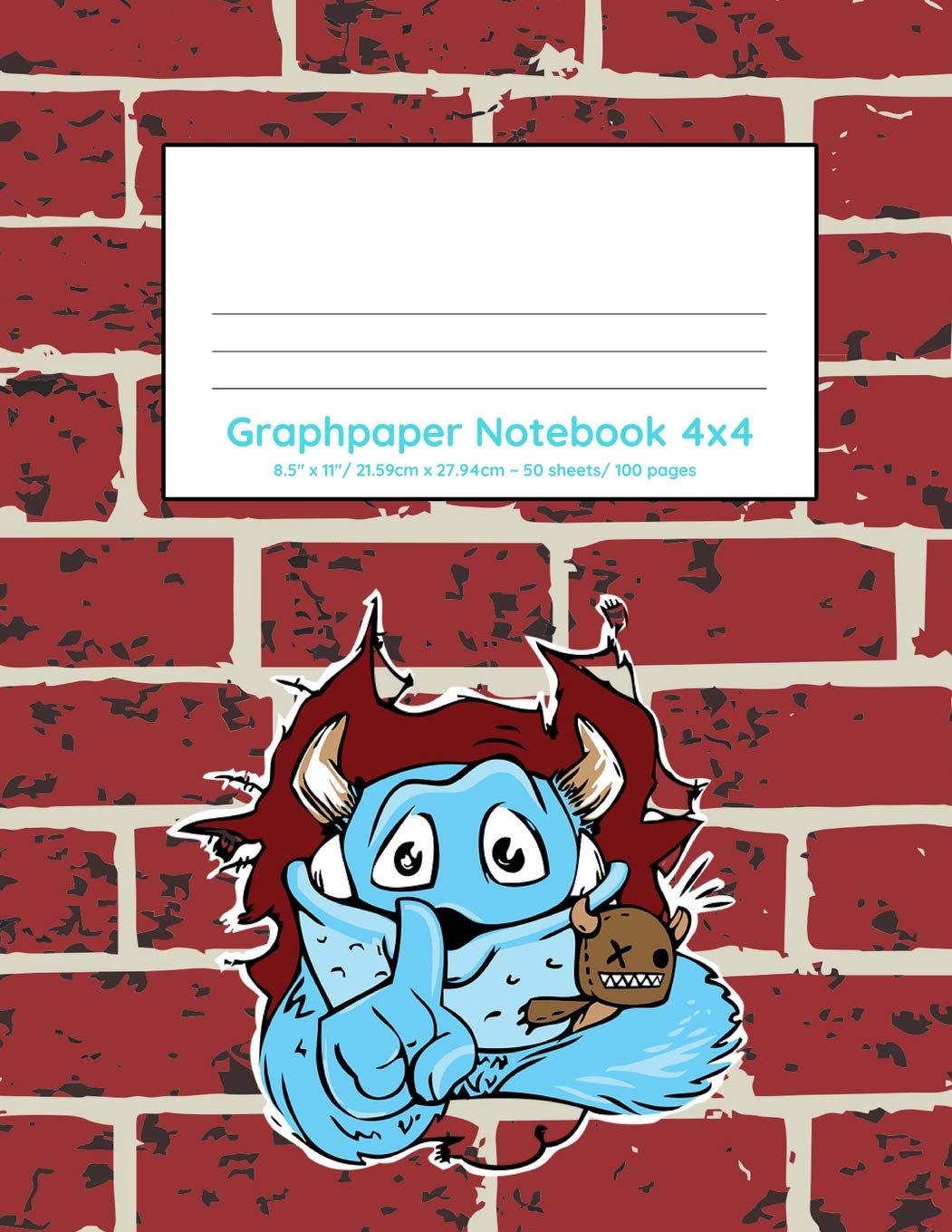 Graphpaper Notebook 4x4: Cute monster breaking through wall design 100 pages of graph paper with bigger squares for younger stud,Used