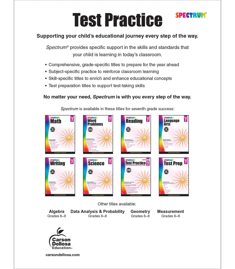 Spectrum Test Practice 7th Grade Workbooks All Subjects, Math, Language Arts, Reading Comprehension, Grammar, Spelling, Vocabula,Used