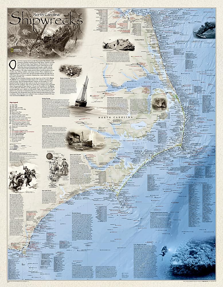 National Geographic Shipwrecks Of The Outer Banks Wall Map  Laminated (28 X 36 In) (National Geographic Reference Map),New