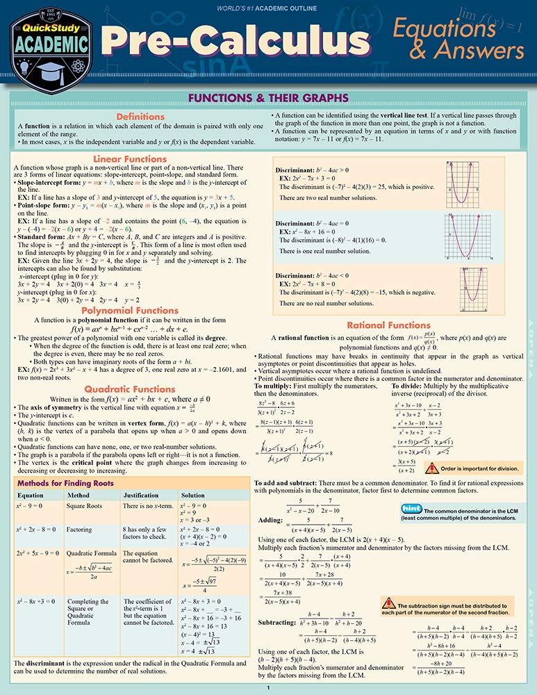 Precalculus Equations & Answers (Quickstudy Reference Guide),Used