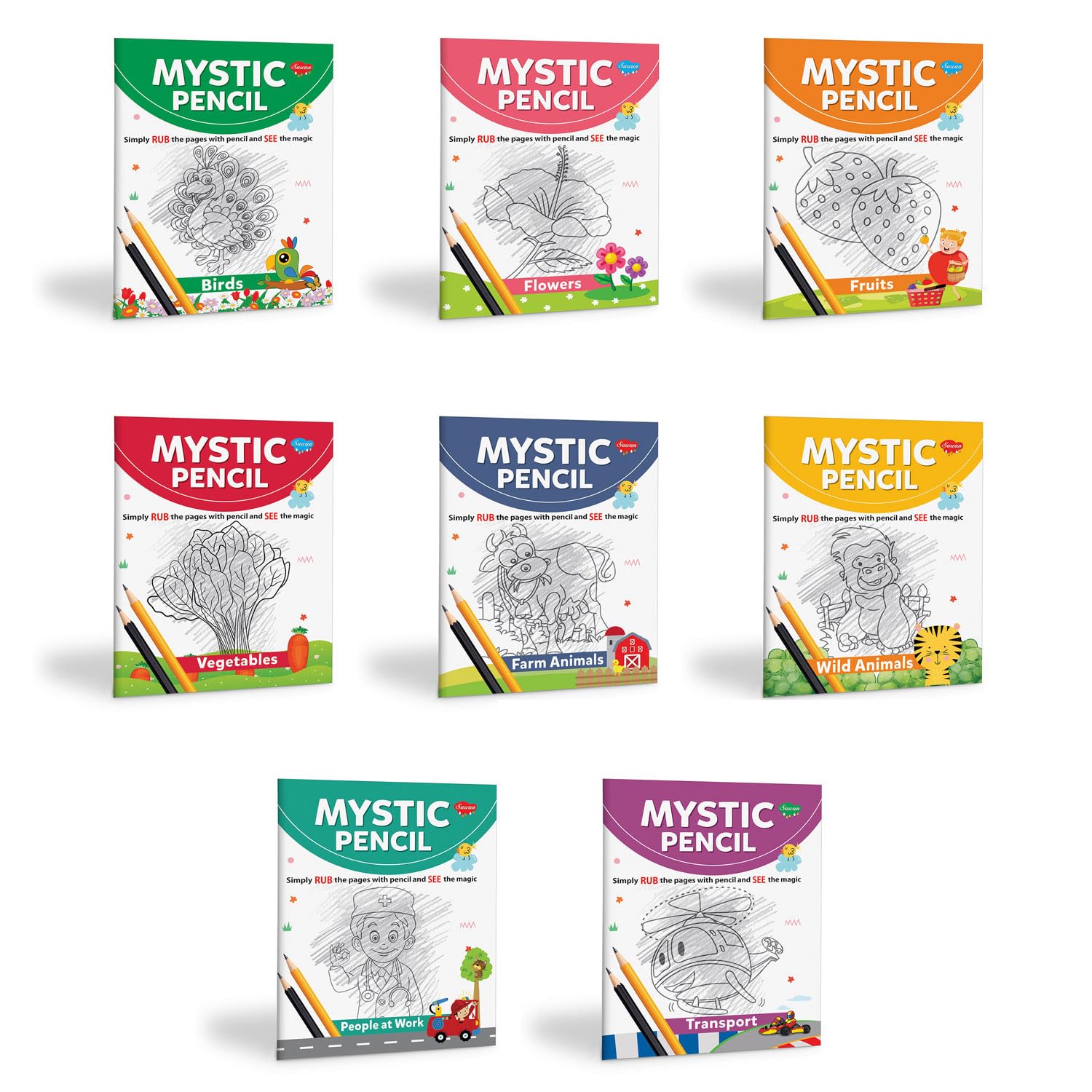Mystic Pencil Birds, Flowers, Fruits, Vegetables, Farm Animals, Wild Animals, People At Work And Transport Book For Kids : Mystic Pencil Book, Magic Drawing Book, | Combo Of 8 Book For Kids.