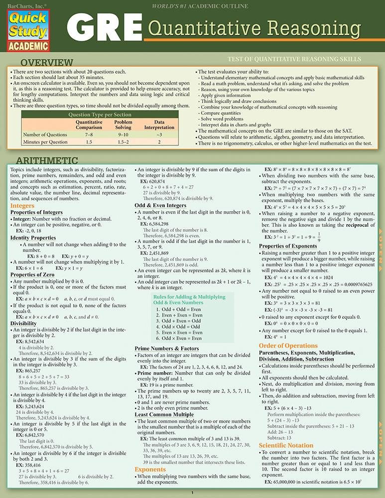 GRE  Quantitative Reasoning: Quickstudy Laminated Reference Guide,Used